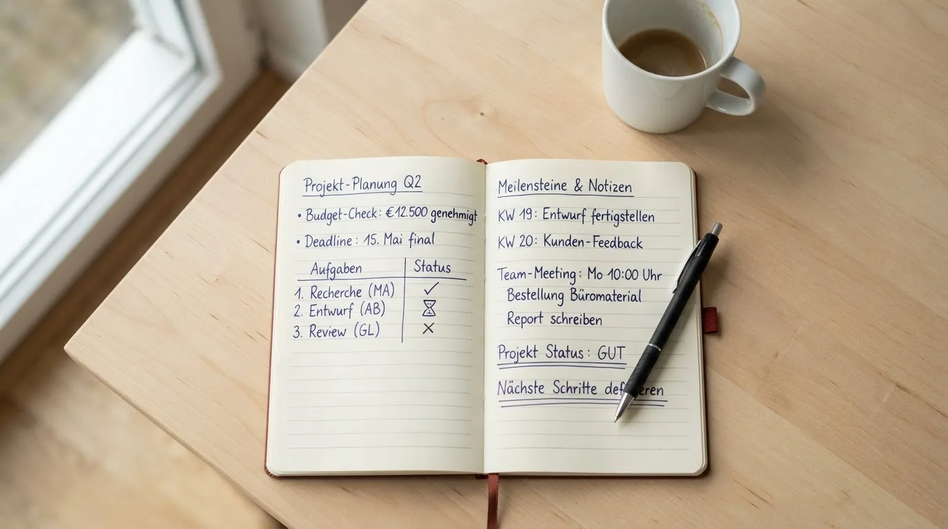Ein aufgeschlagenes Notizbuch mit handschriftlichen Notizen und ein Kugelschreiber liegen auf einem hellen Schreibtisch neben einer Kaffeetasse.