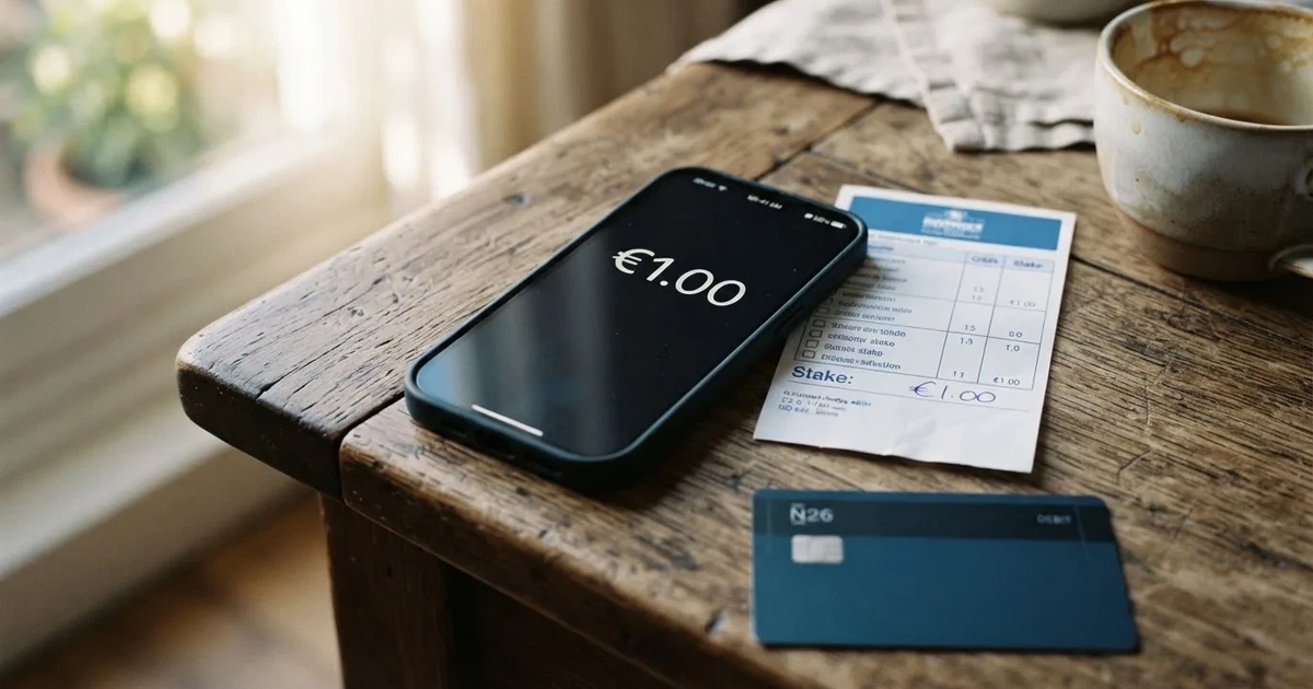 Ein Smartphone liegt mit dem Display nach unten auf einem Holztisch, daneben ein paar Euro-Münzen und eine unbeschriftete Plastikkarte im Morgenlicht.