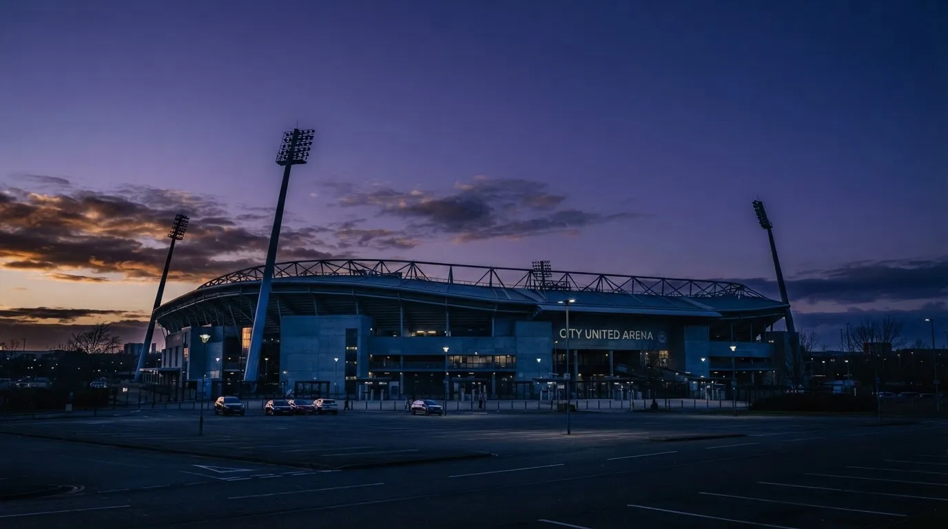 Ein Fußballstadion von außen in der Dämmerung, hohe Flutlichtmasten vor einem violetten Himmel, davor ein leerer Parkplatz.