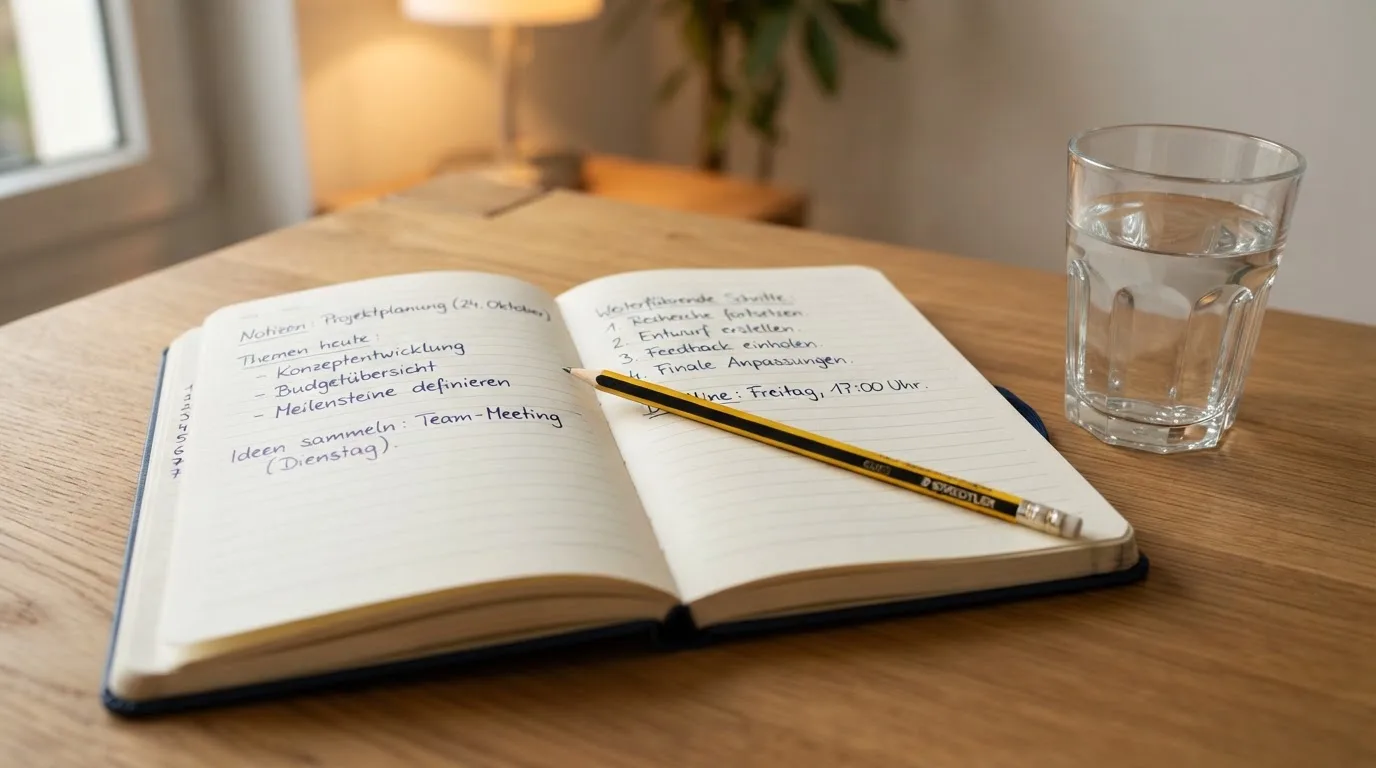 Ein aufgeschlagenes Heft mit handschriftlichen Notizen und ein Bleistift liegen auf einem Schreibtisch, daneben ein Glas Wasser.