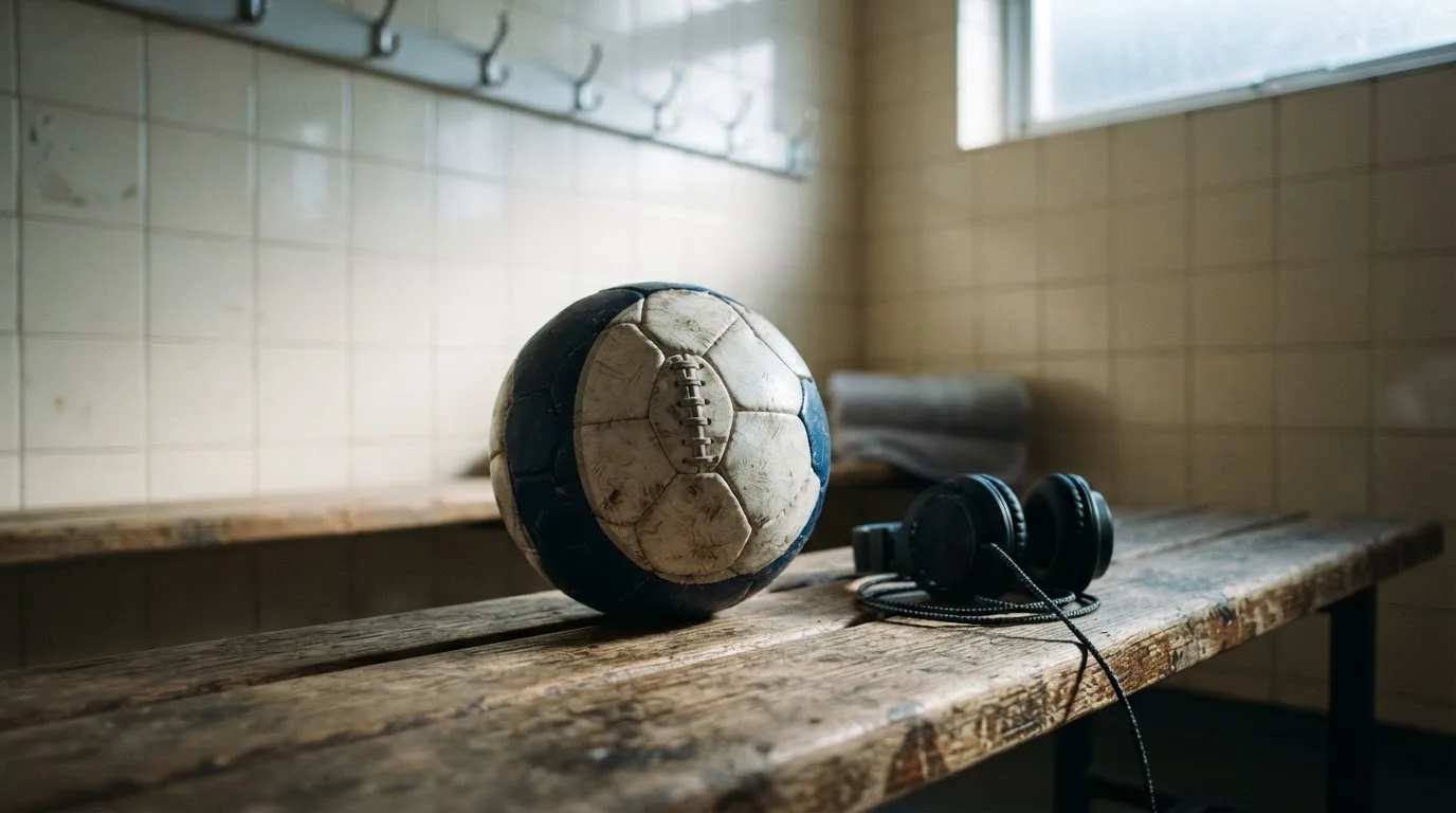 Ein Fußball liegt neben Kopfhörern auf einer Holzbank in einer Umkleide, Licht fällt durch ein schmales Fenster.