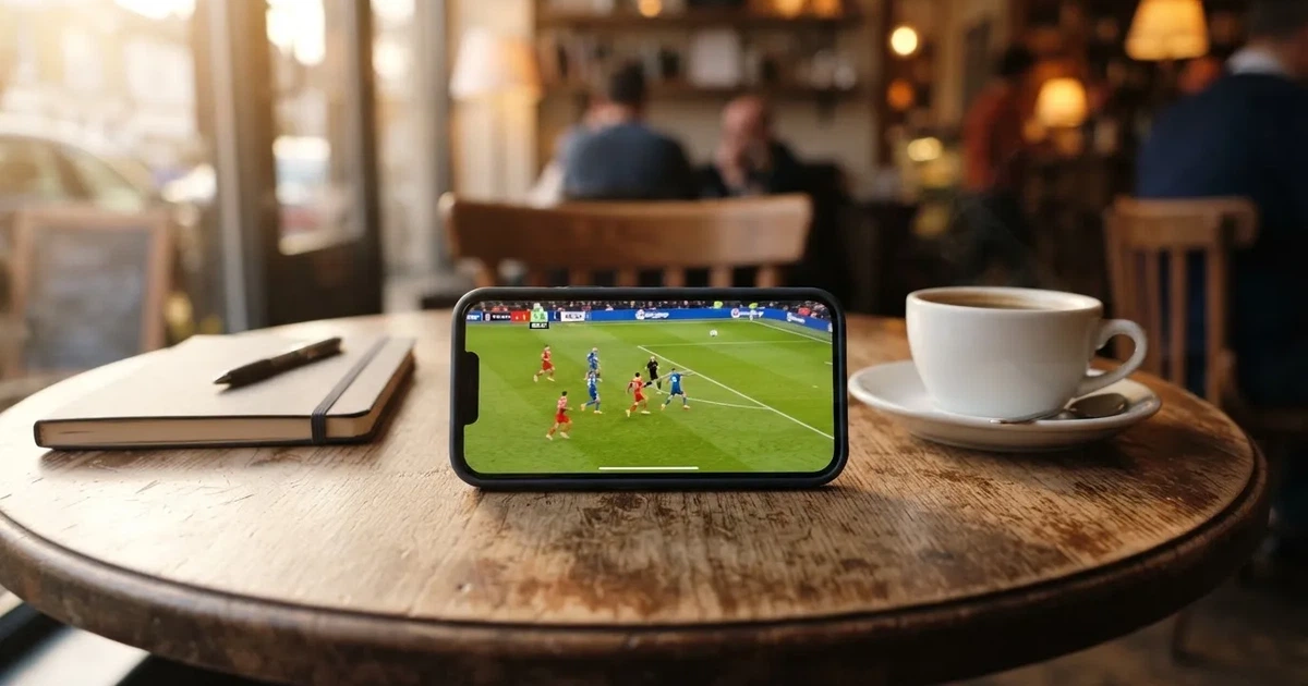 Ein Smartphone mit dunklem Bildschirm liegt auf einem Tisch in einem Café, daneben eine Tasse und ein Notizbuch.