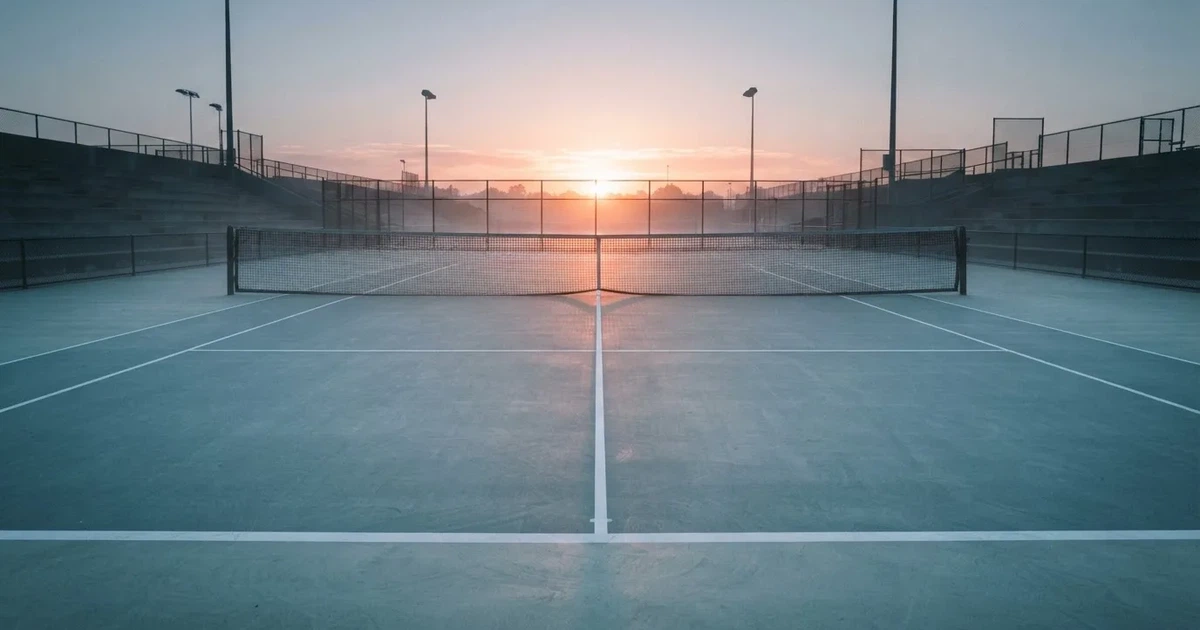 Ein leerer Tennisplatz mit Hartplatzbelag in der Morgendämmerung, das Netz im Gegenlicht und lange Schatten der Linien.