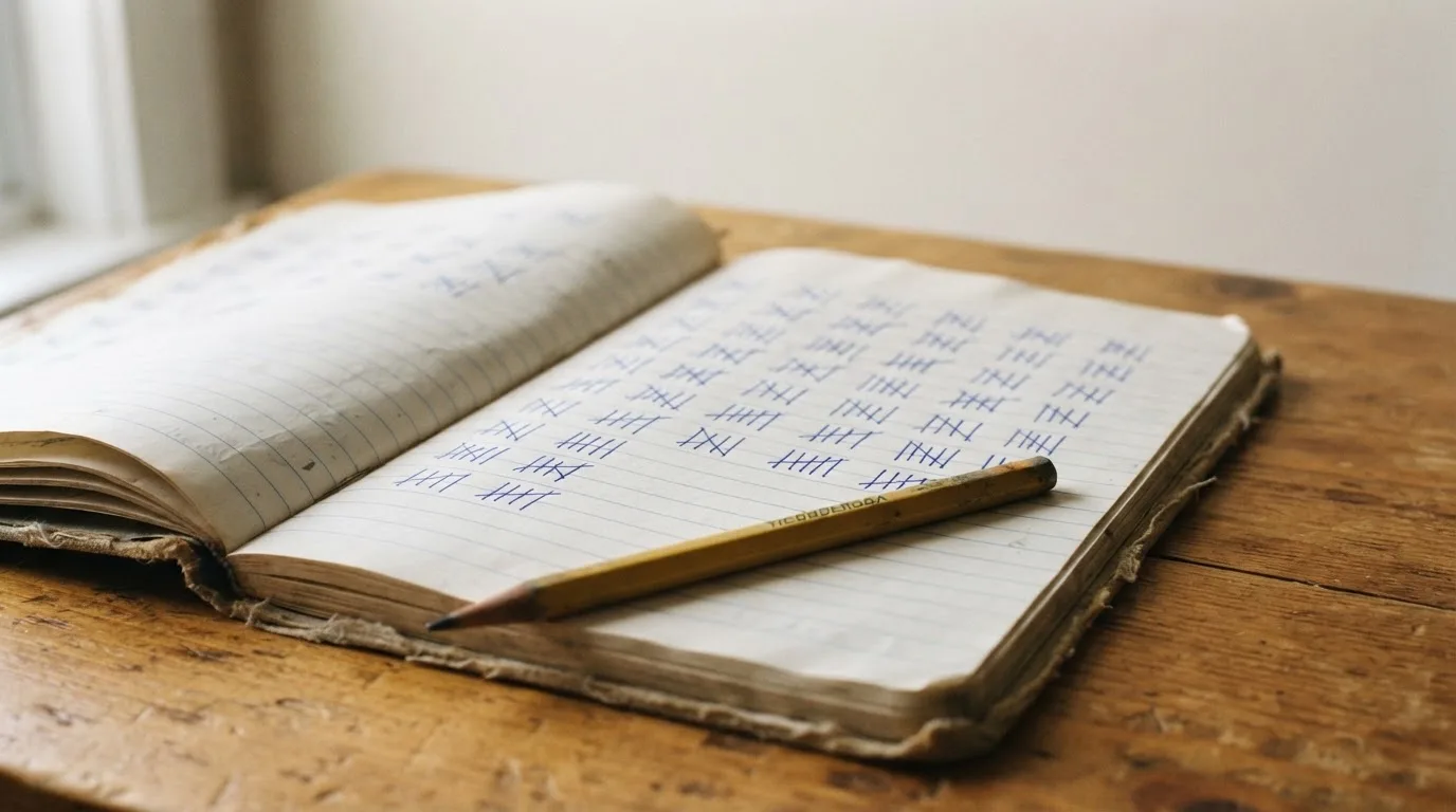 Ein handschriftlich geführtes Heft mit Strichlisten liegt neben einem Bleistift auf einem Tisch, seitlich fällt Tageslicht herein.