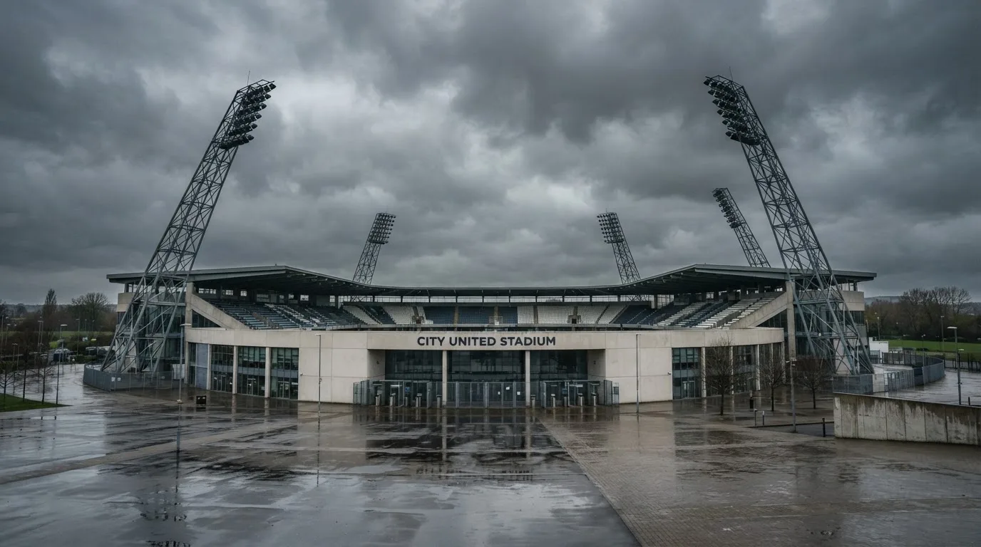 Ein leeres Stadion von außen, hohe Flutlichtmasten vor einem grauen Himmel mit Regenwolken.