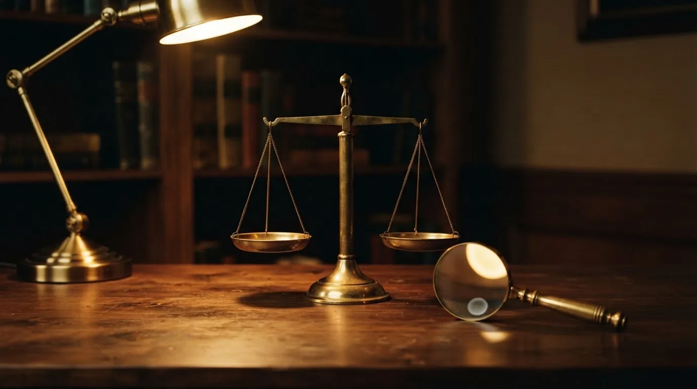Eine Waage aus Messing steht neben einer Lupe auf einem polierten Schreibtisch im Licht einer Lampe.