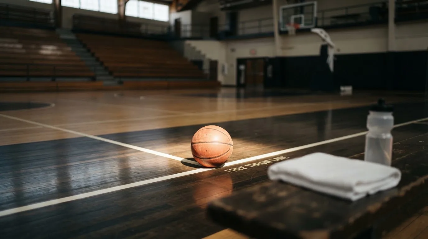 Ein Basketball liegt auf der Freiwurflinie einer Halle, im Vordergrund ein Handtuch auf einer Bank.