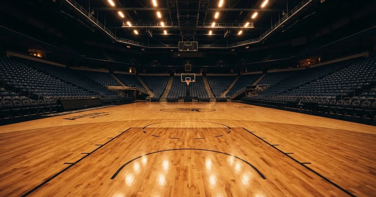 Eine leere Basketballhalle mit glänzendem Parkett und einem Korb im Hintergrund, Licht von Deckenstrahlern spiegelt sich im Boden.