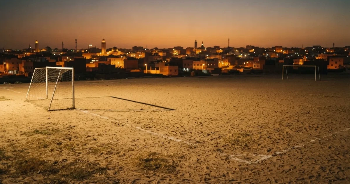 Ein sandiger Fußballplatz am Rand einer Stadt in warmem Abendlicht, Staub in der Luft und zwei Tore in der Ferne.
