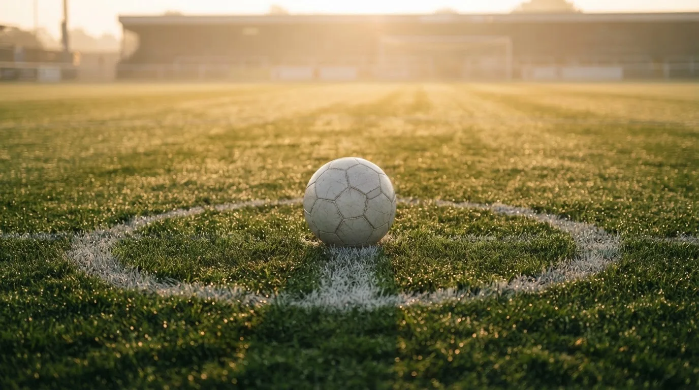 Ein Fußball liegt auf dem Anstoßpunkt eines Rasens bei Sonnenaufgang, Tau glitzert auf den Halmen.