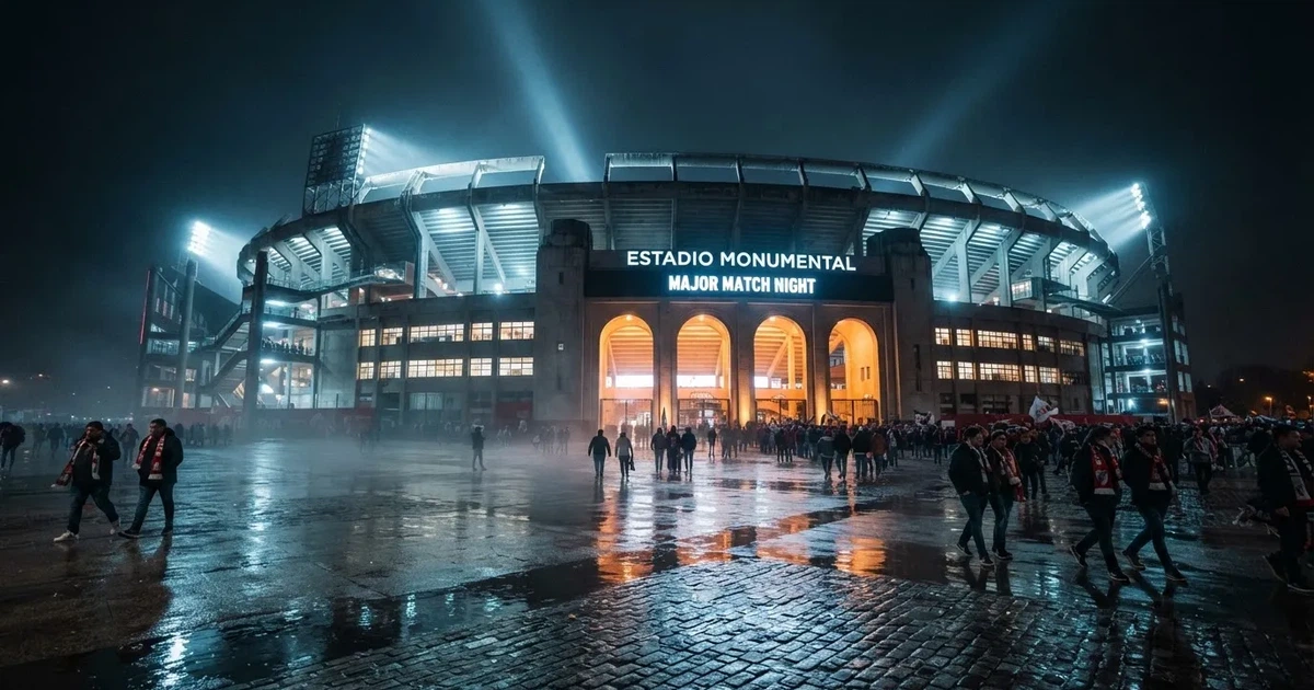 Ein großes Fußballstadion bei Flutlicht von außen, davor ein leerer Vorplatz mit nassem Pflaster und Dunst.