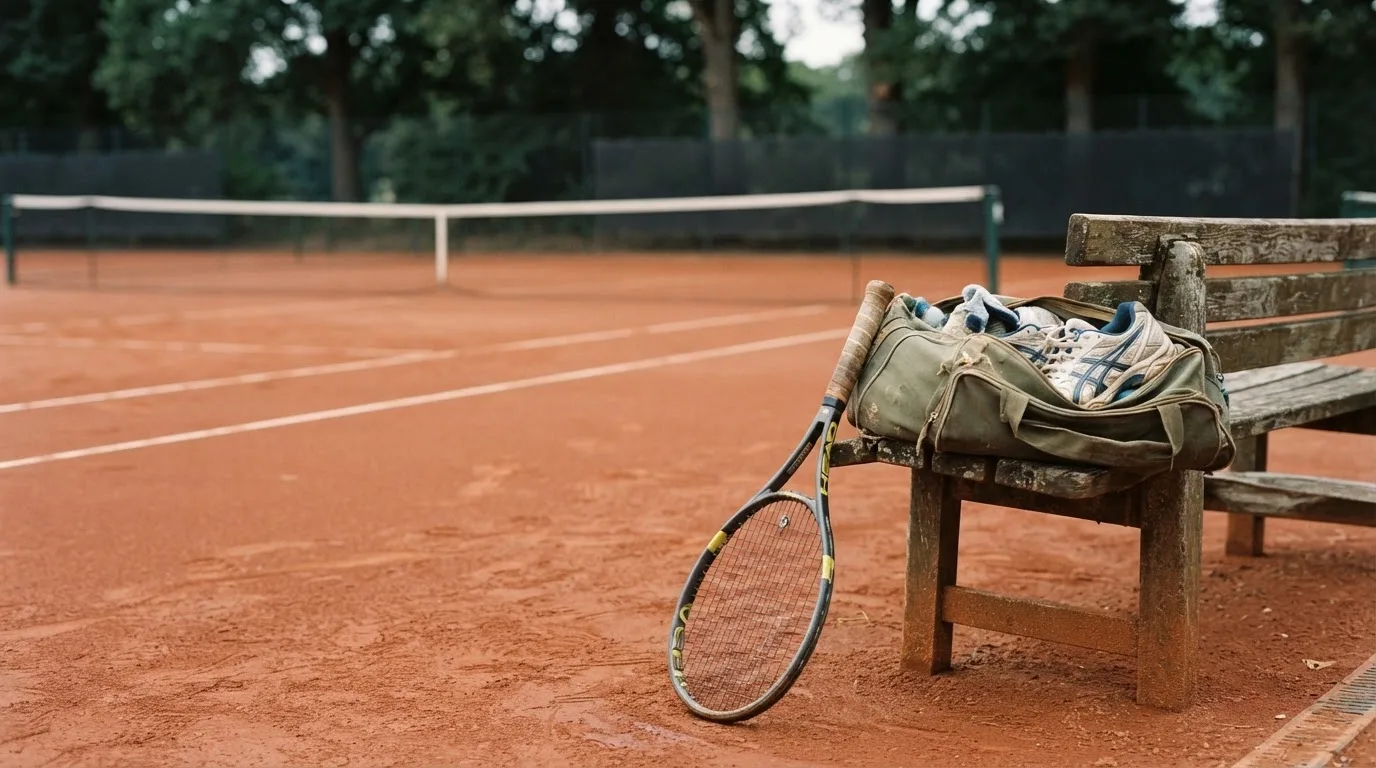 Ein Tennisschläger lehnt an einer Bank neben einer Sporttasche, im Hintergrund ein leerer Platz.
