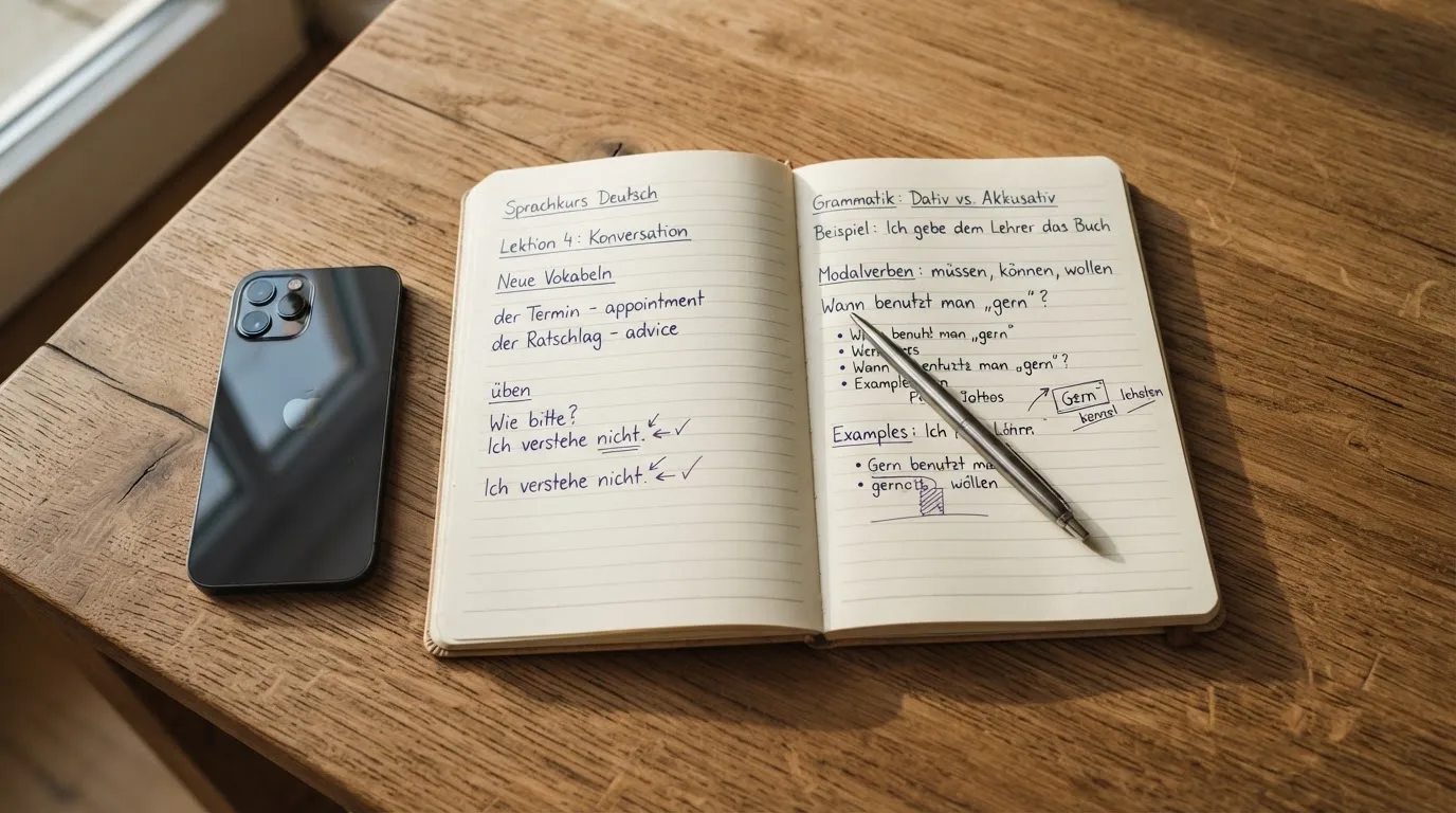Ein Notizbuch mit handschriftlichen Notizen und ein Kugelschreiber liegen neben einem Smartphone mit dunklem Display auf einem Holztisch.