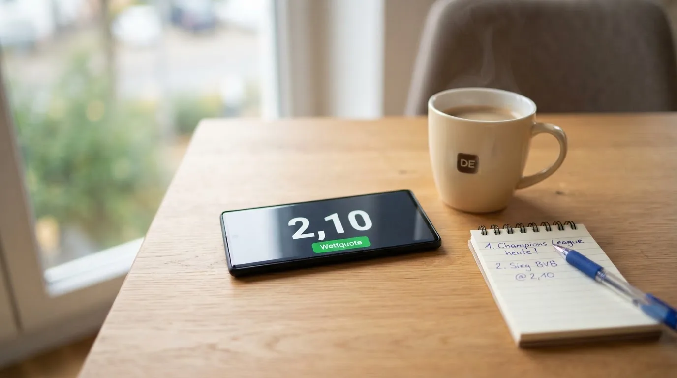 Ein Smartphone mit dunklem Display liegt neben einer Kaffeetasse und einem Notizblock auf einem hellen Tisch.