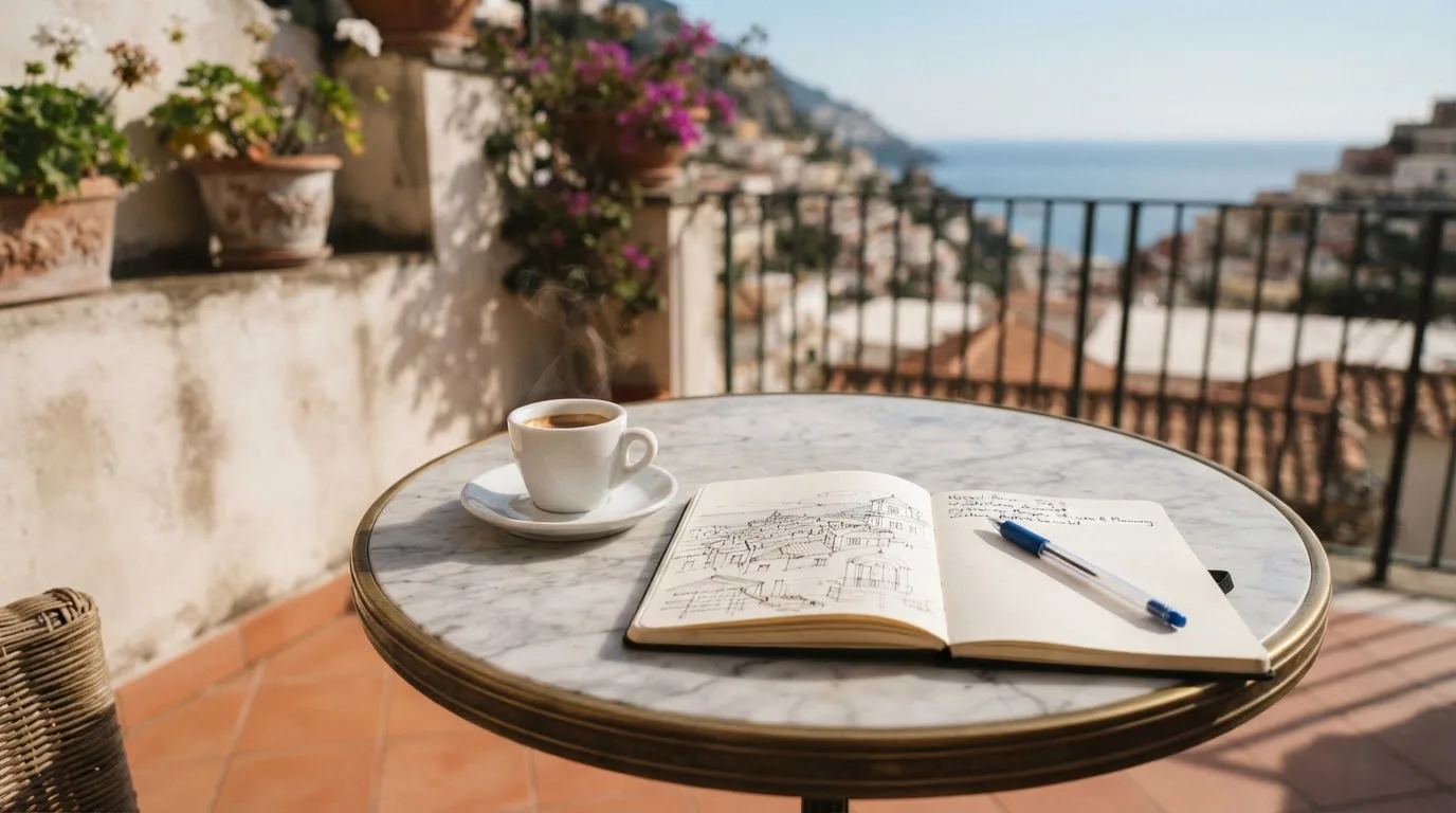 Eine Espressotasse steht auf einem kleinen Marmortisch einer Terrasse, daneben ein Notizheft mit handschriftlichen Skizzen.