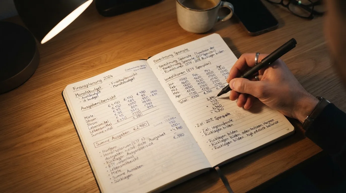 Ein Notizbuch mit handschriftlichen Rechnungen und ein Taschenrechner liegen auf einem aufgeräumten Schreibtisch in warmem Licht.