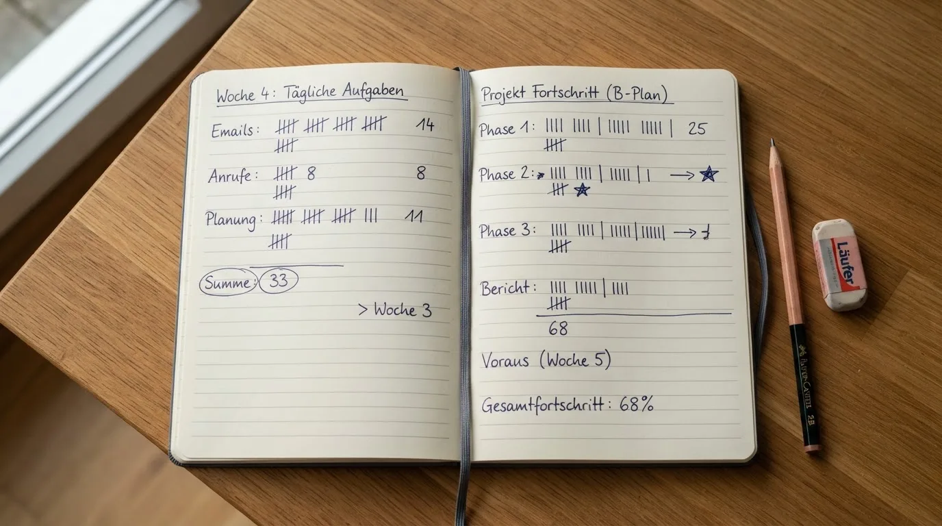 Ein aufgeschlagenes Notizbuch mit handschriftlichen Strichlisten und Pfeilen liegt neben einem Bleistift und einem Radiergummi auf einem Schreibtisch.