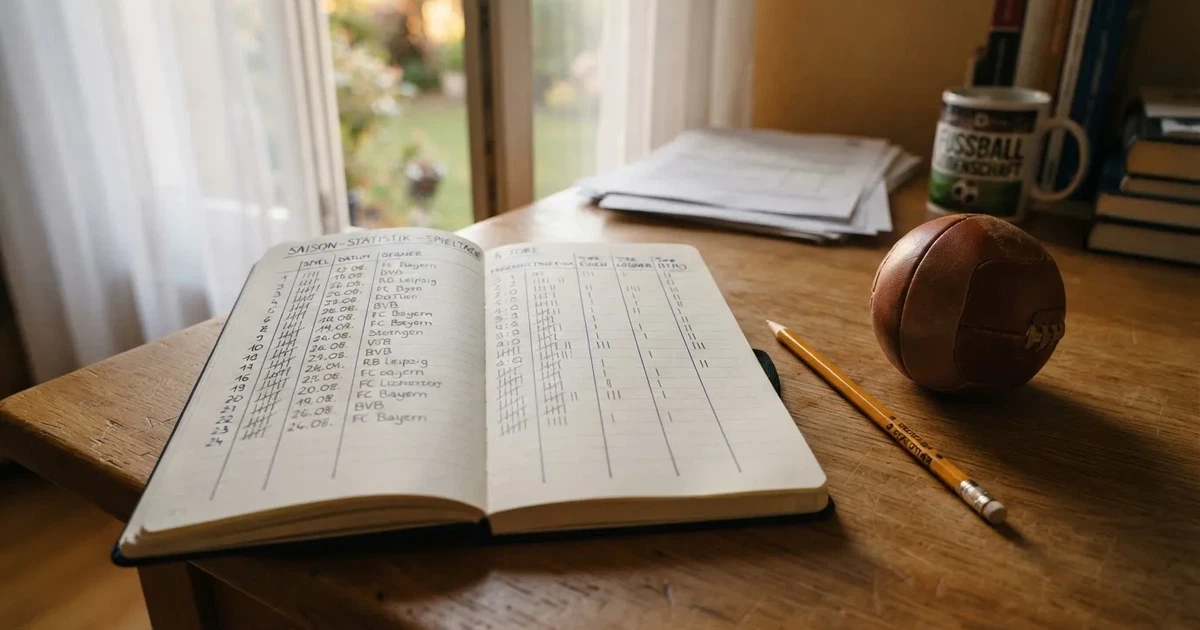 Ein Notizbuch mit handschriftlichen Strichlisten, ein Bleistift und ein kleiner Fußball liegen auf einem Schreibtisch vor einem Fenster.