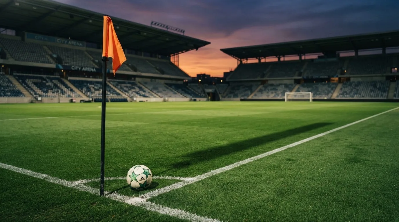 Ein Fußball liegt neben einem Eckfahnen-Pfosten auf einem Rasenplatz, im Hintergrund ein leeres Stadion in der Dämmerung.