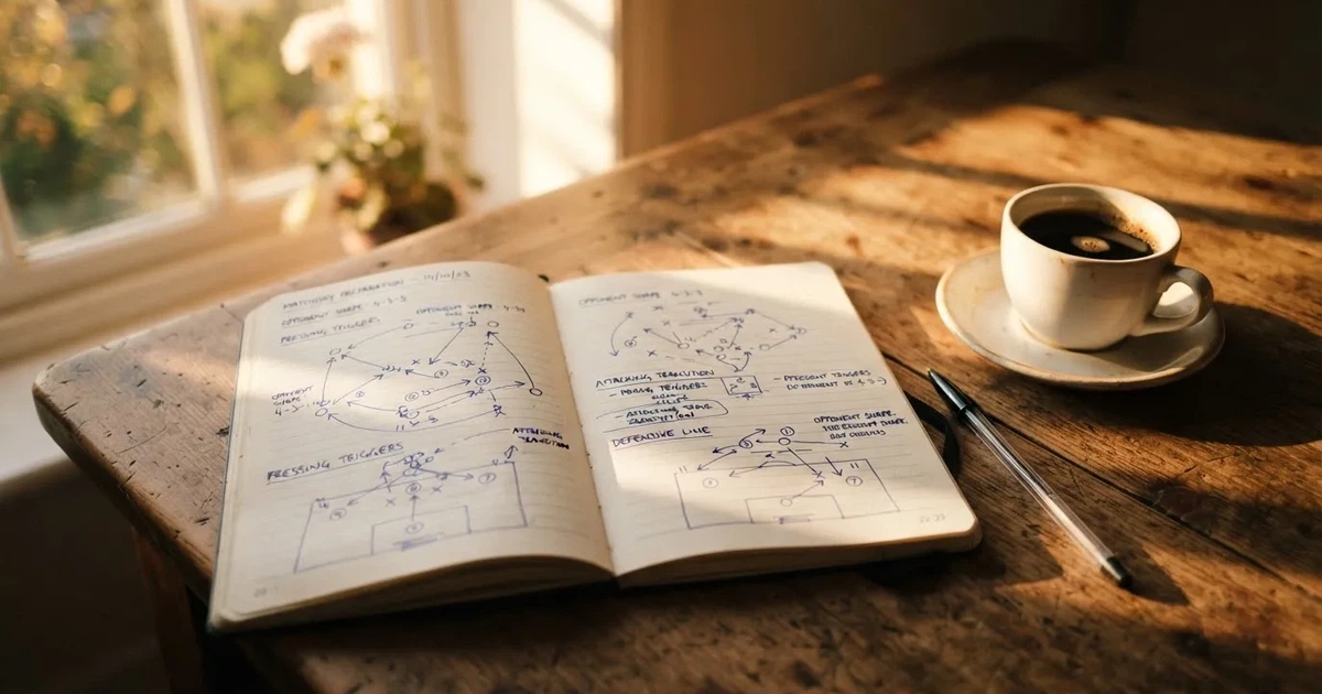Ein aufgeklapptes Notizbuch mit handschriftlichen Pfeilen und Kreuzen liegt neben einem Kugelschreiber und einem Becher Kaffee auf einem Tisch am Fenster.