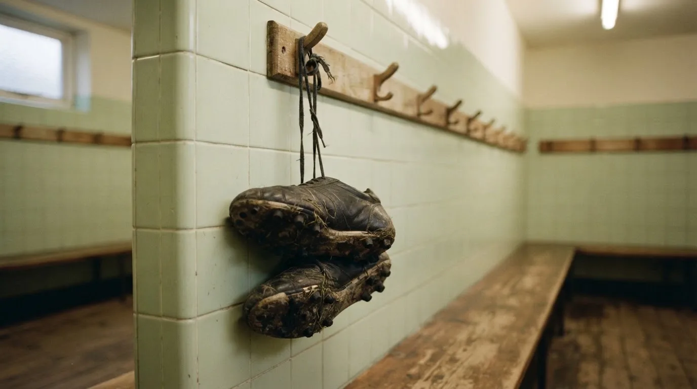 Ein Paar Fußballschuhe hängt an den Schnürsenkeln an einem Holzhaken in einer leeren Umkleidekabine.