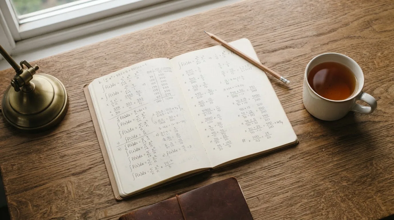 Ein Schreibtisch mit Taschenrechner, Bleistift und einem Block voller handschriftlicher Rechnungen, daneben eine Tasse Tee.