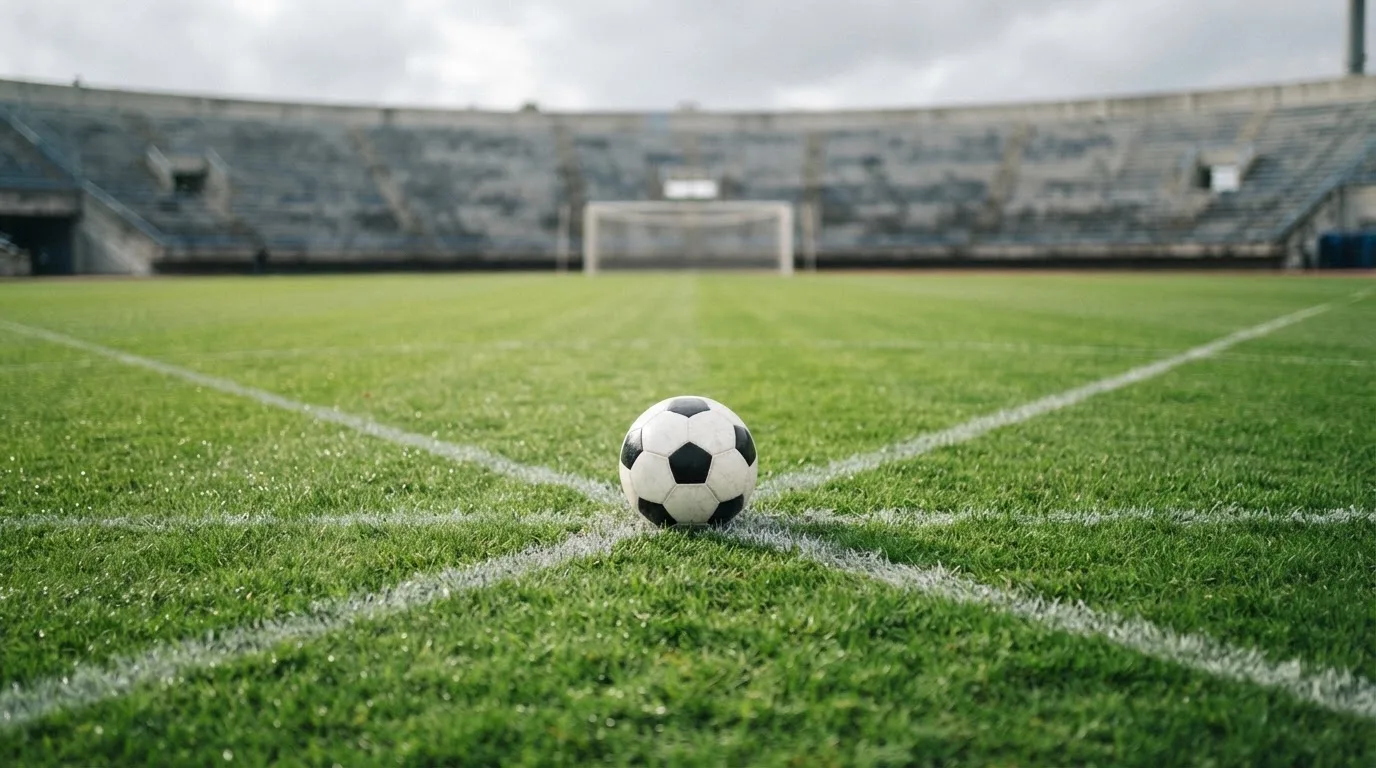 Ein Fußball liegt auf dem Rasen im Mittelkreis, die Kreidelinien führen scharf ins Bild, dahinter verschwimmt eine Tribüne.