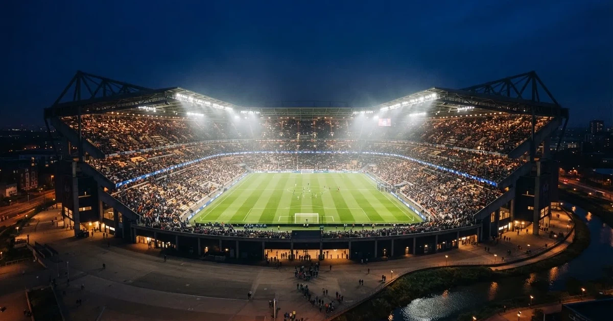 Ein großes Stadion bei Nacht, aus der Ferne unter Flutlicht gesehen, die Ränge hell erleuchtet, der Rasen leuchtend grün.