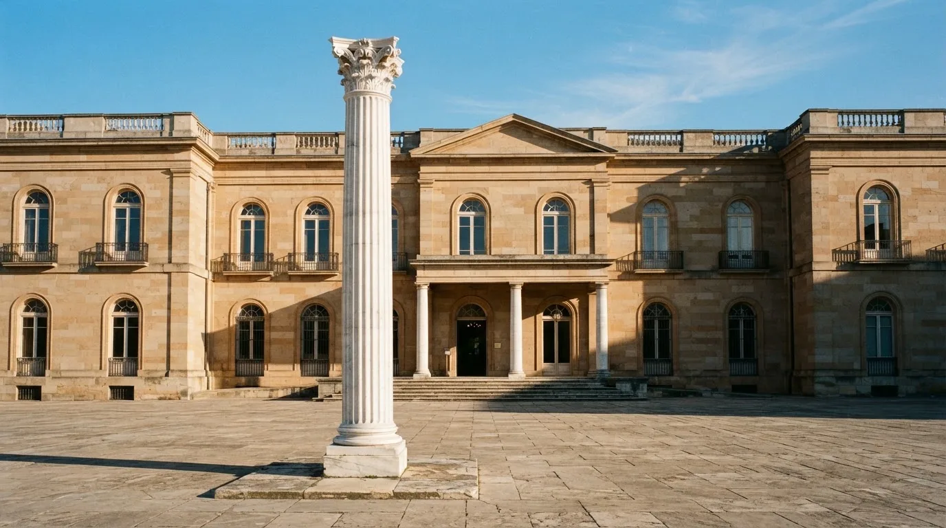 Eine Marmorsäule vor einem klassischen Gebäude, im Hintergrund blauer Himmel.