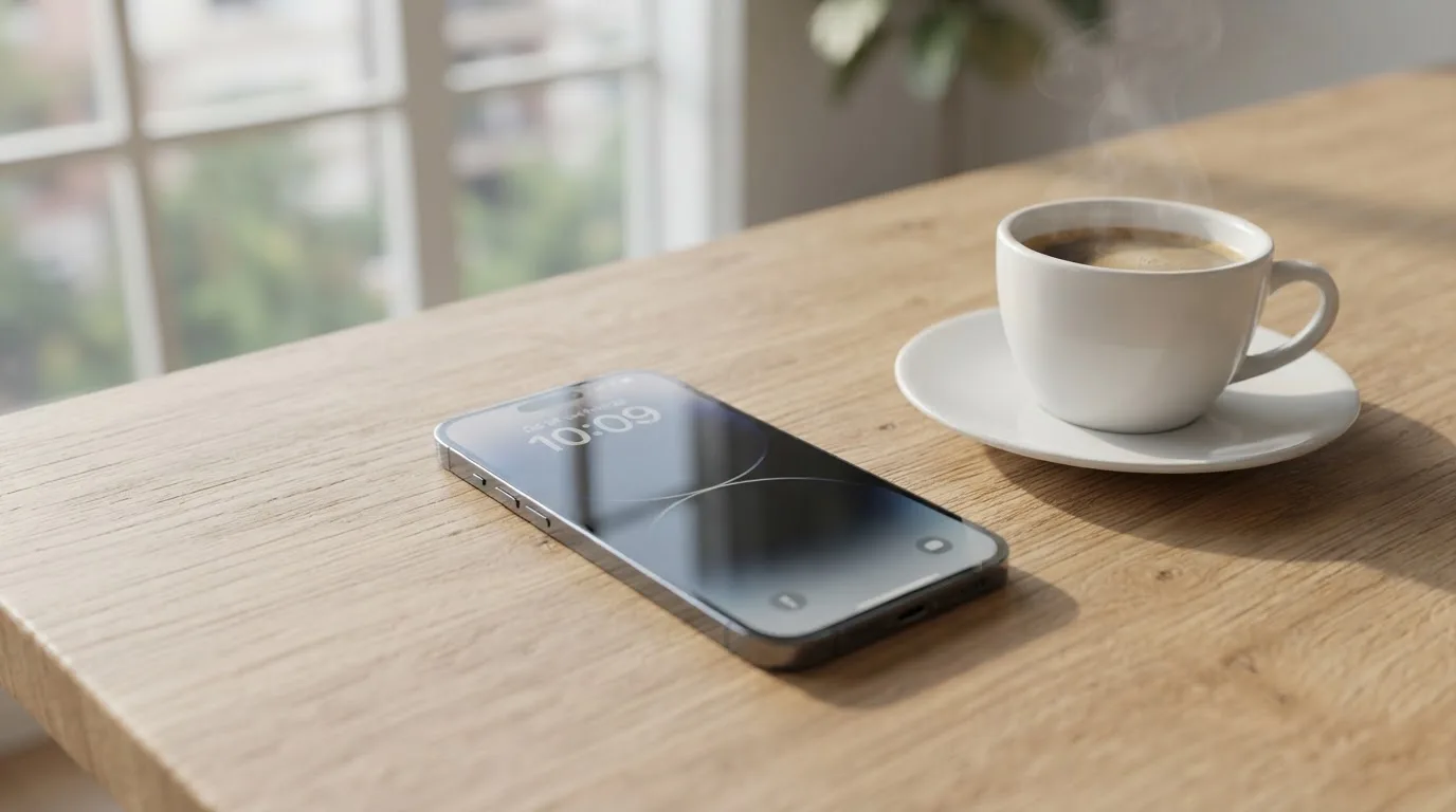 Ein Smartphone mit dunklem Display liegt neben einer Kaffeetasse auf einem Holztisch im Licht eines Fensters.