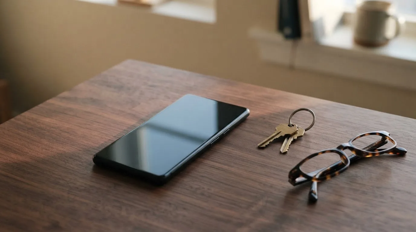 Ein Smartphone liegt mit dunklem Display auf einem Holztisch neben einem Schlüsselbund und einer Brille im Licht eines Fensters.