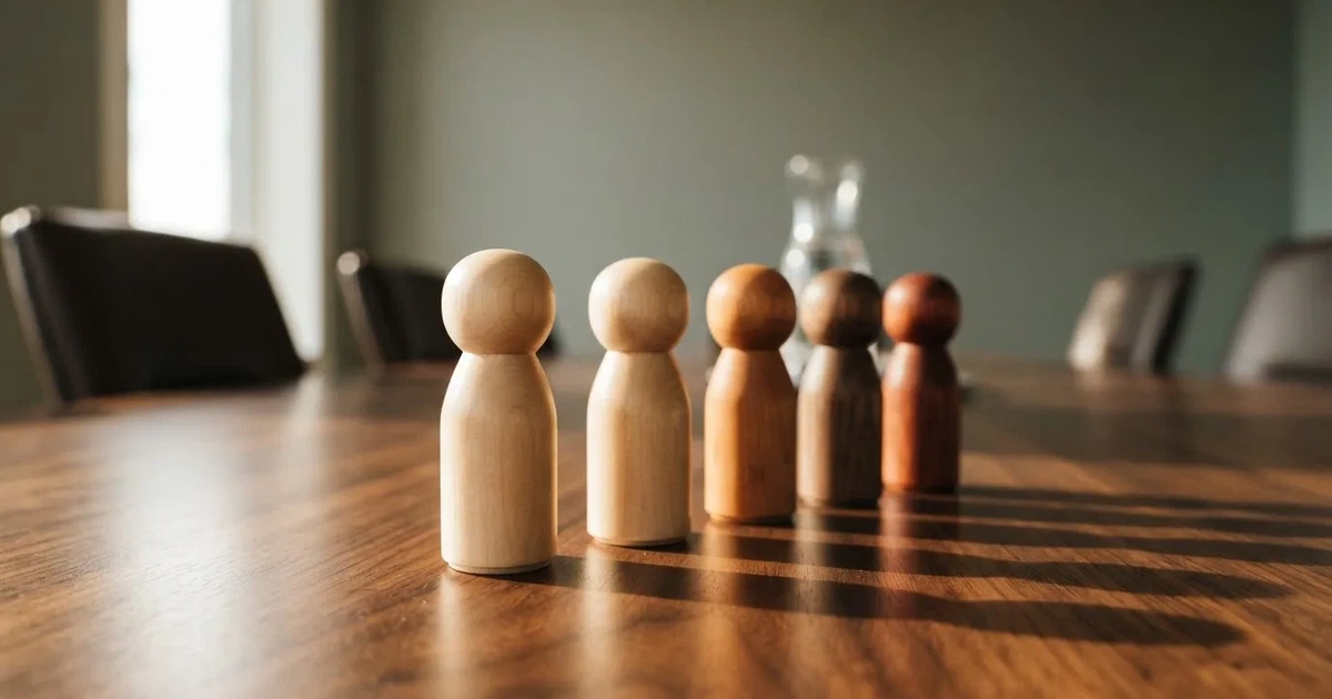 Fünf Holzfiguren stehen in einer Reihe auf einem Tisch, die erste Figur ist leicht nach vorn gerückt.