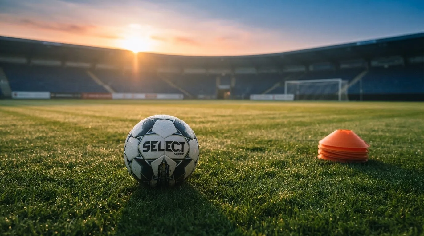 Ein Fußball liegt auf einem Rasenplatz bei Sonnenaufgang, daneben ein kleiner Stapel Trainingshütchen.