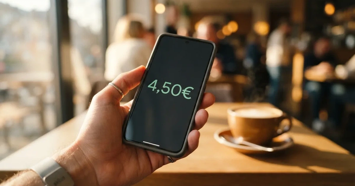 Eine Hand hält ein Smartphone mit dunklem Display, im Hintergrund unscharf ein Café-Tisch mit einer Tasse.