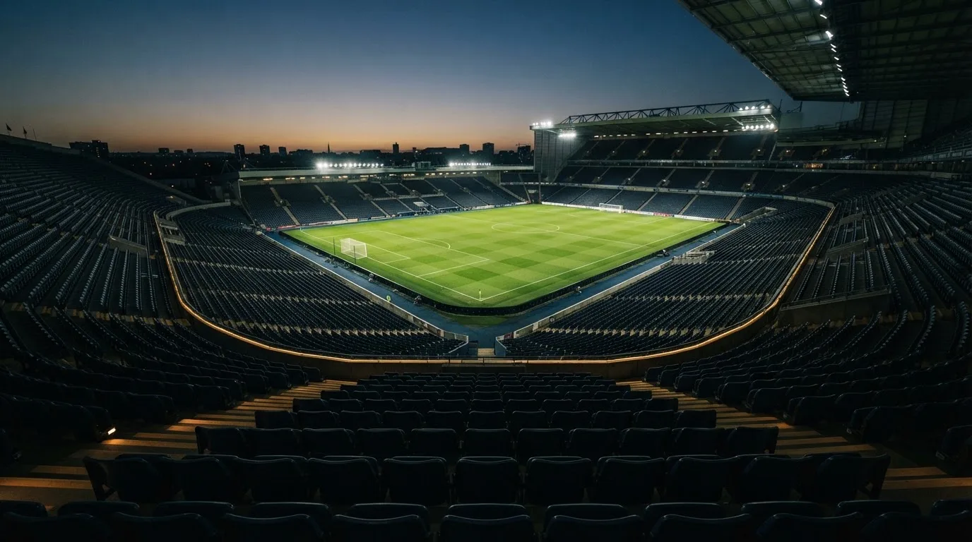 Eine leere Stadiontribüne unter Flutlicht aus der Ferne betrachtet, die Rasenfläche leuchtet grün in der Dämmerung.