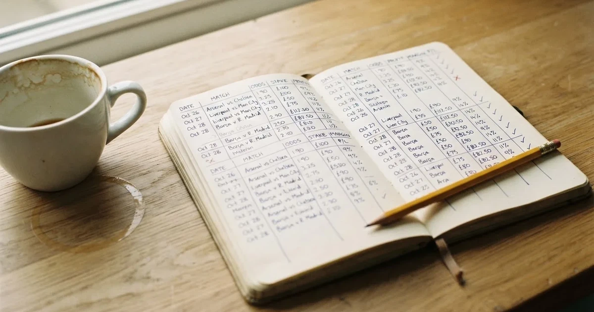 Handschriftliche Zahlenkolonnen in einem Notizbuch, daneben ein Bleistift und eine Tasse Kaffee auf hellem Holz.