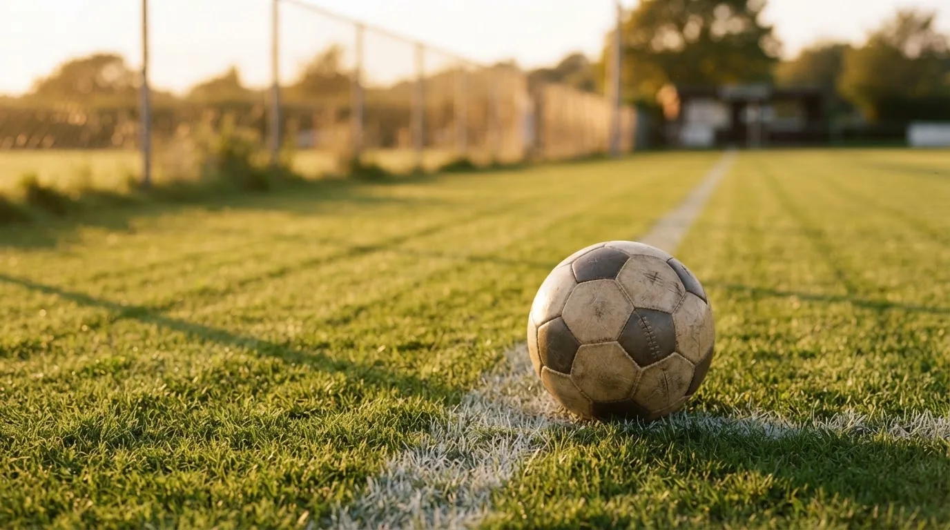 Ein Fußball liegt am Rand eines Rasens neben einer weißen Linie, im Hintergrund ein Zaun in der Abendsonne.