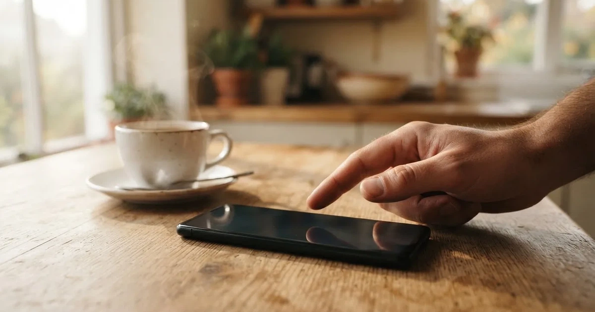 Ein Daumen schwebt über einem Smartphone mit dunklem Display, das auf einem Küchentisch neben einer Tasse liegt.