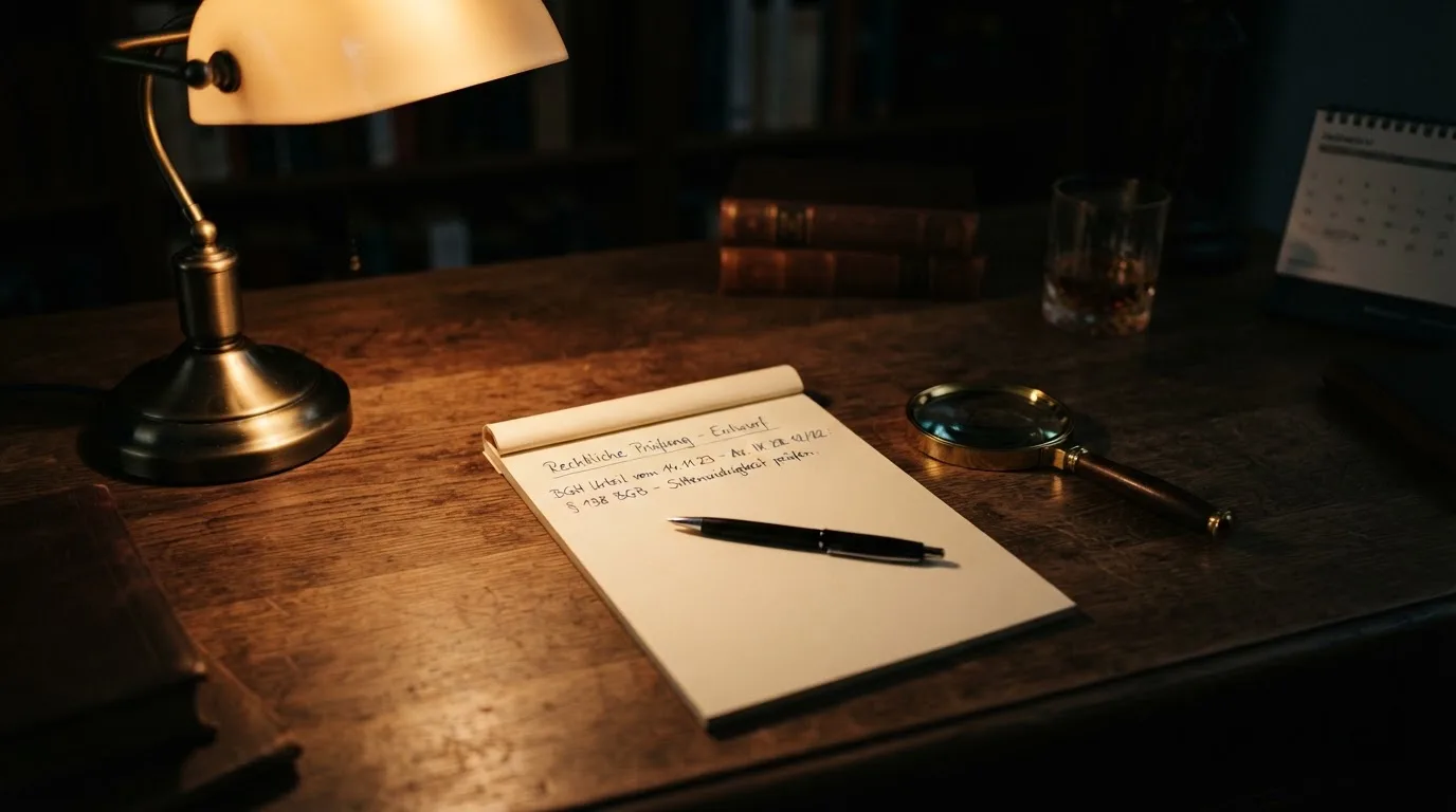 Ein Schreibtisch mit Lupe, Kugelschreiber und einem leeren Notizblock unter einer Lampe in einem ruhigen Raum.