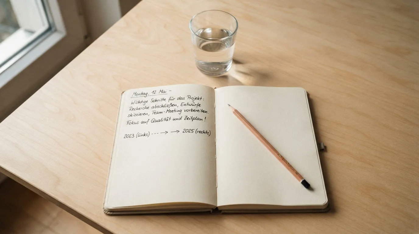 Ein Notizbuch und ein Bleistift liegen neben einem Glas Wasser auf einem hellen Tisch.