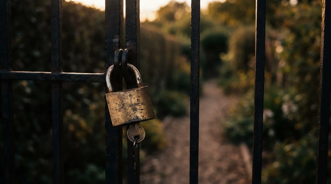 Ein Vorhängeschloss hängt an einem Gartentor im Abendlicht, dahinter ein unscharfer Weg.