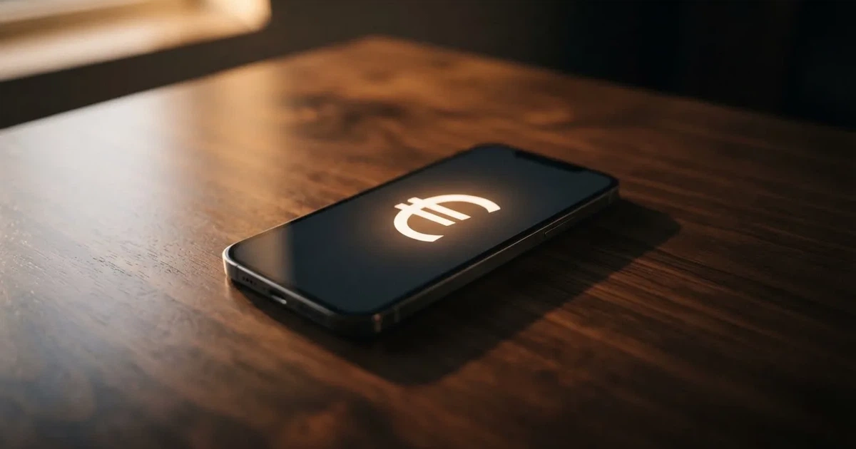 Eine einzelne goldfarbene Münze ohne Prägung liegt auf einem dunklen Tisch, daneben ein ausgeschaltetes Smartphone.