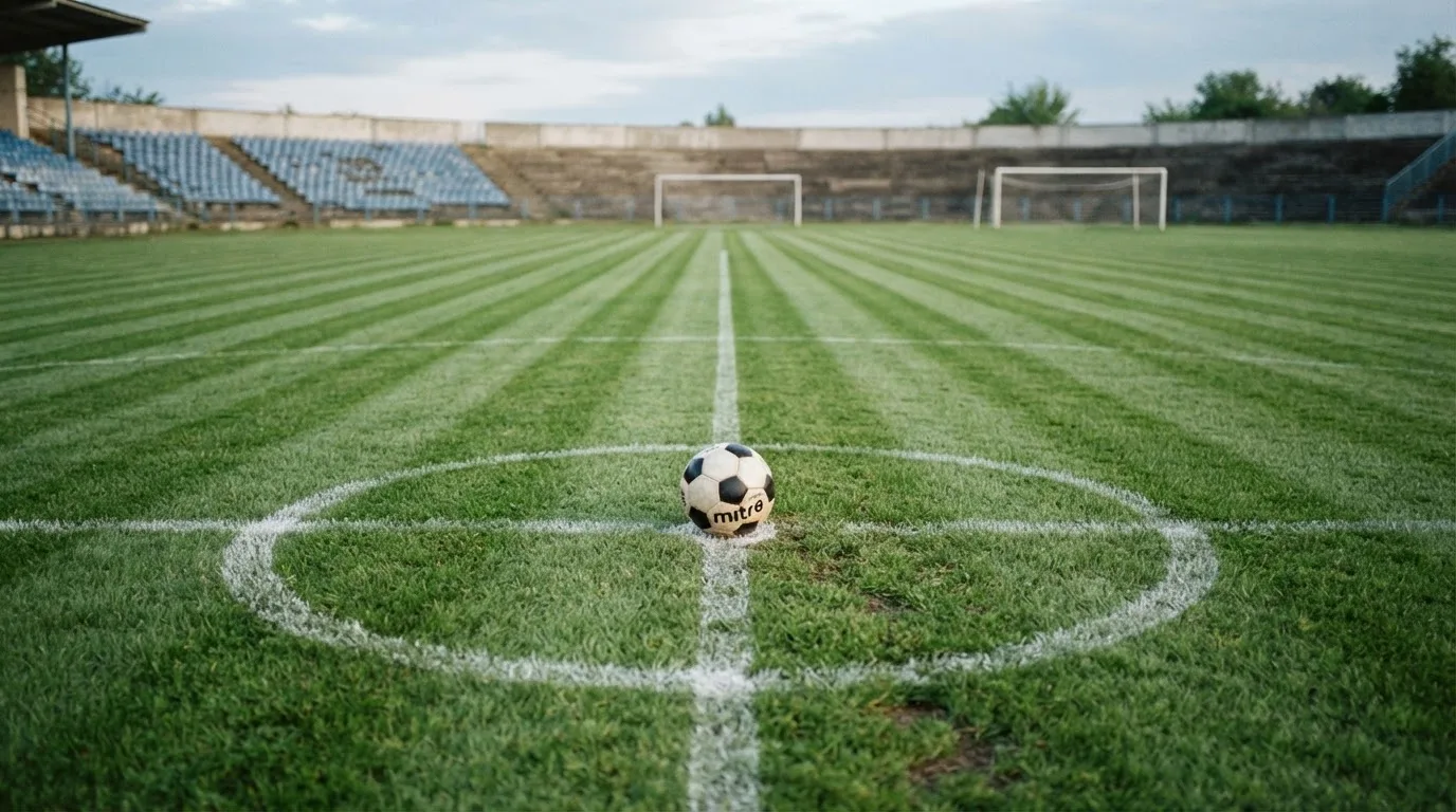 Ein Fußball liegt auf dem Anstoßpunkt eines leeren Rasenplatzes, im Hintergrund eine ruhige Tribüne unter bedecktem Himmel.