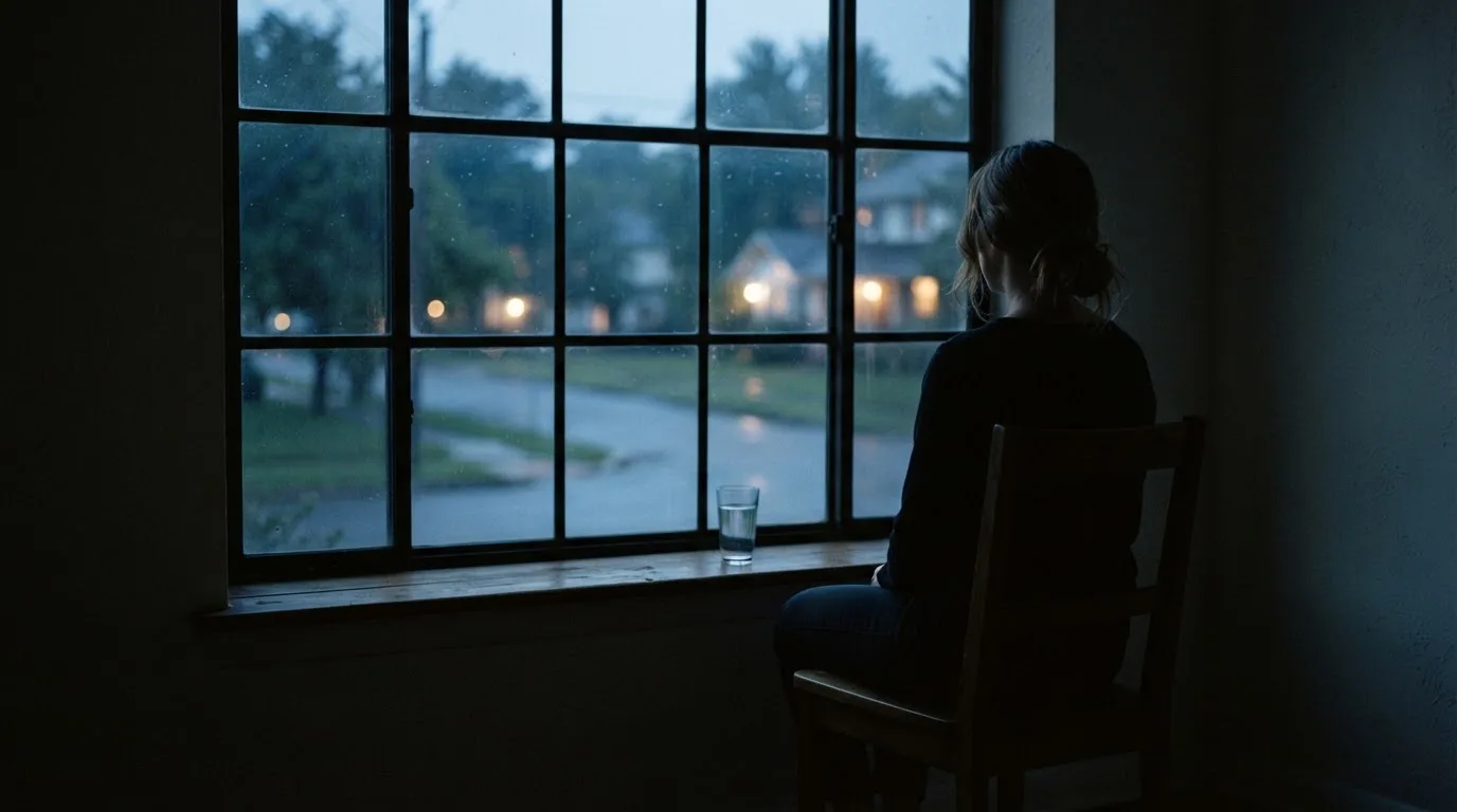 Die Silhouette einer Person sitzt am Abend am Fenster und blickt auf eine Straße, auf dem Fensterbrett steht ein Glas Wasser.