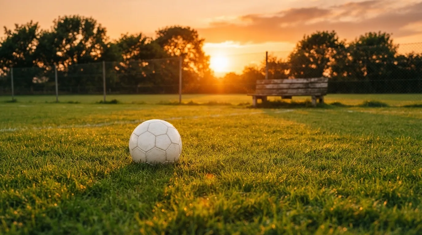 Ein Fußball auf einem Rasenplatz im Gegenlicht der tiefstehenden Sonne, am Spielfeldrand eine leere Ersatzbank.