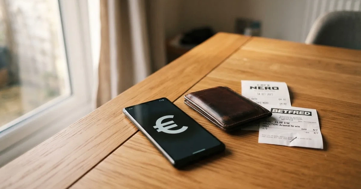 Ein Smartphone mit dunklem Bildschirm liegt neben einer Geldbörse und wenigen Münzen auf einem Holztisch im weichen Fensterlicht.