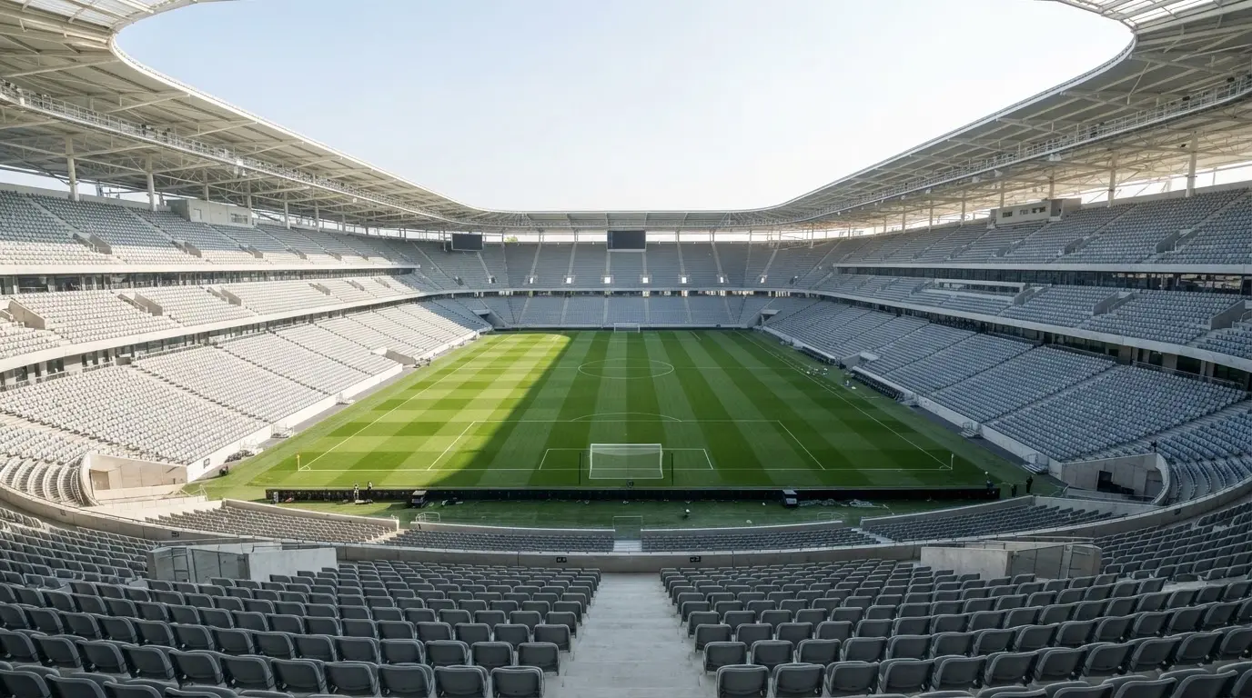 Ein leeres Fußballstadion bei Tageslicht von der Tribüne aus gesehen, der Rasen zeigt gleichmäßige Mähstreifen.