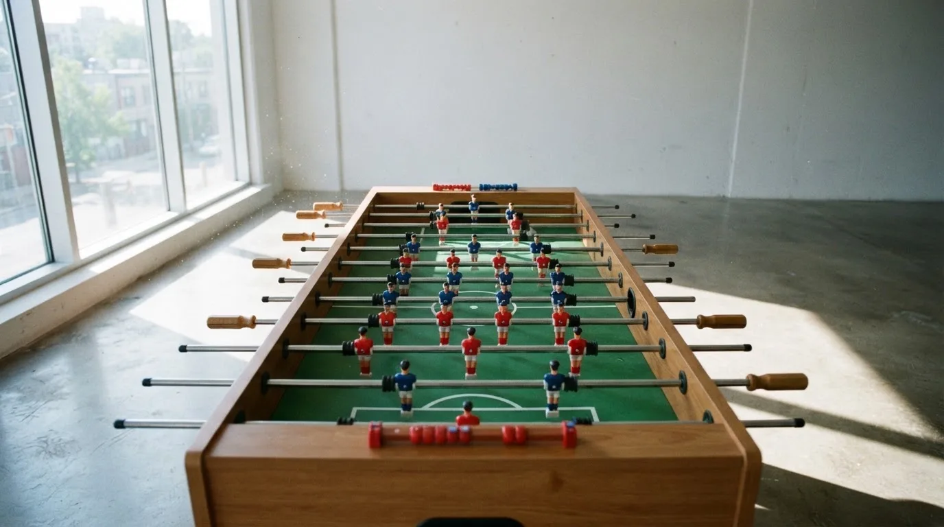 Ein Tischkicker in einem leeren Raum, die Spielfiguren in Reihe, Tageslicht fällt durch ein großes Fenster.