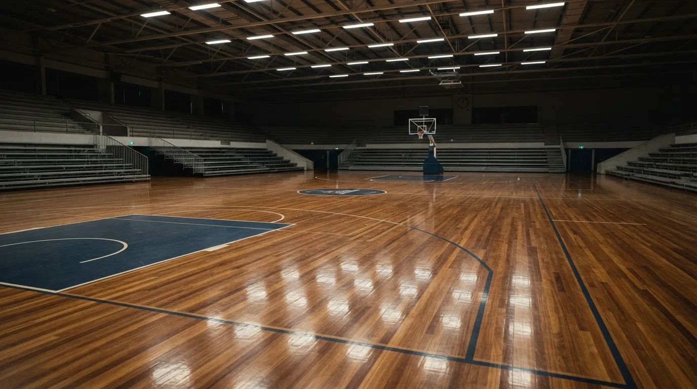 Ein Basketballfeld in einer leeren Halle, das Parkett spiegelt das Licht der Deckenlampen.