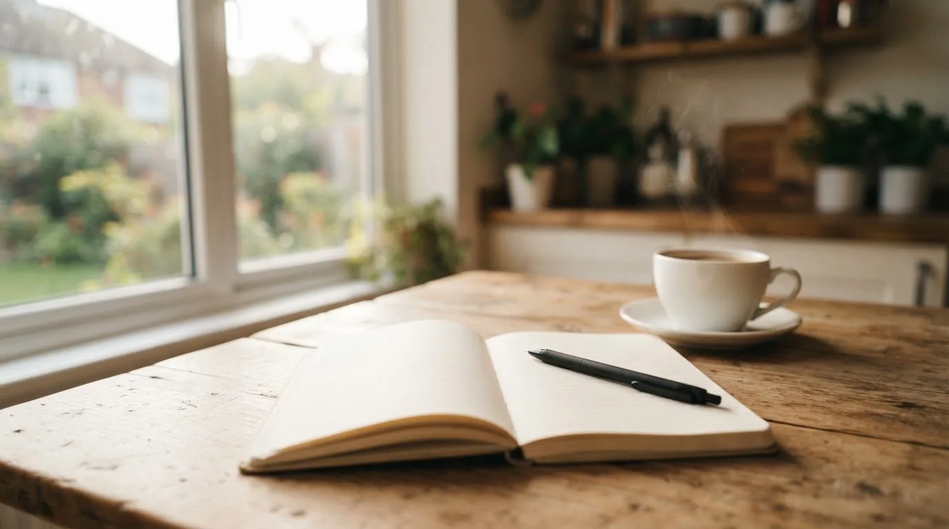 Eine Tasse Kaffee, ein Kugelschreiber und ein aufgeschlagenes leeres Notizbuch auf einem Küchentisch am Fenster.